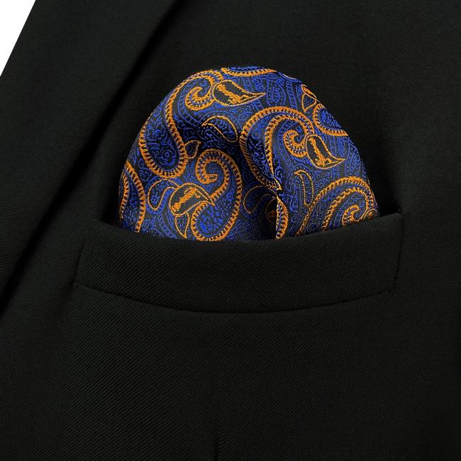 shlax & wing HH8 Blue Orange Paisley Silk Mens Pocket Square Wedding Classic Handkerchief Classic Novelty Hanky Outlet online