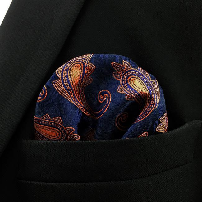 shlax & wing MH25 Paisley Navy Blue Orang Apricot Pocket Square Mens Neckties Jacquard Woven Ahorra y exporta