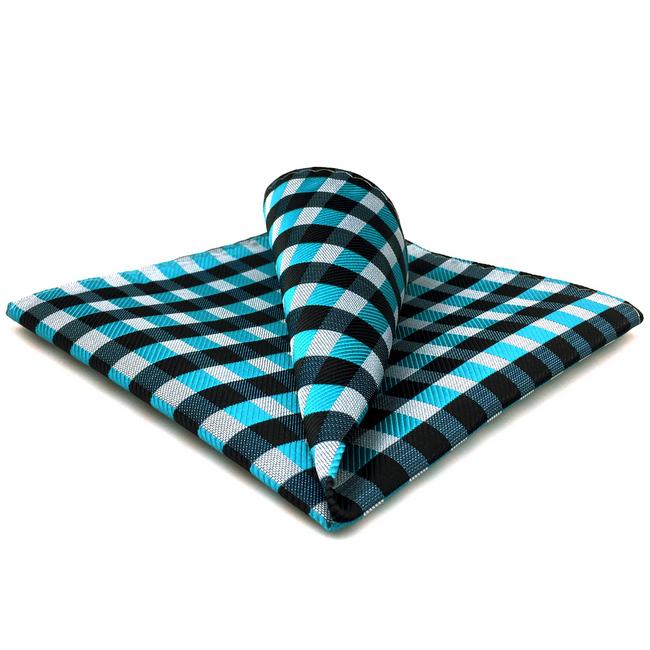 shlax & wing PH13 Checked Light Blue Black Grey Gray White Pocket Square Mens Neckties Jacquard Woven Descuento