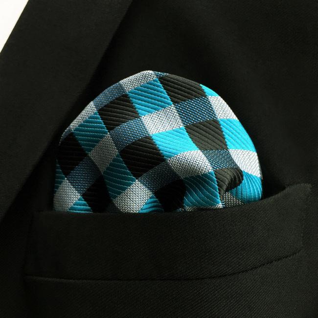 shlax & wing PH13 Checked Light Blue Black Grey Gray White Pocket Square Mens Neckties Jacquard Woven Descuento