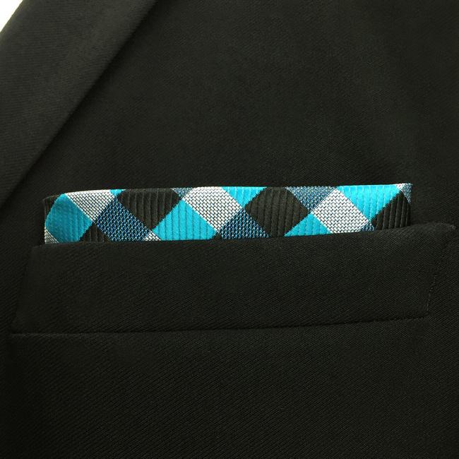 shlax & wing PH13 Checked Light Blue Black Grey Gray White Pocket Square Mens Neckties Jacquard Woven Descuento