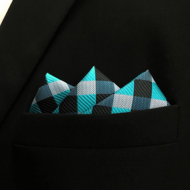 shlax & wing PH13 Checked Light Blue Black Grey Gray White Pocket Square Mens Neckties Jacquard Woven Descuento