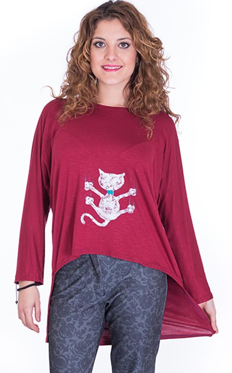 susana escribano Camisetas de mujer basica granate. Gato Liquidación