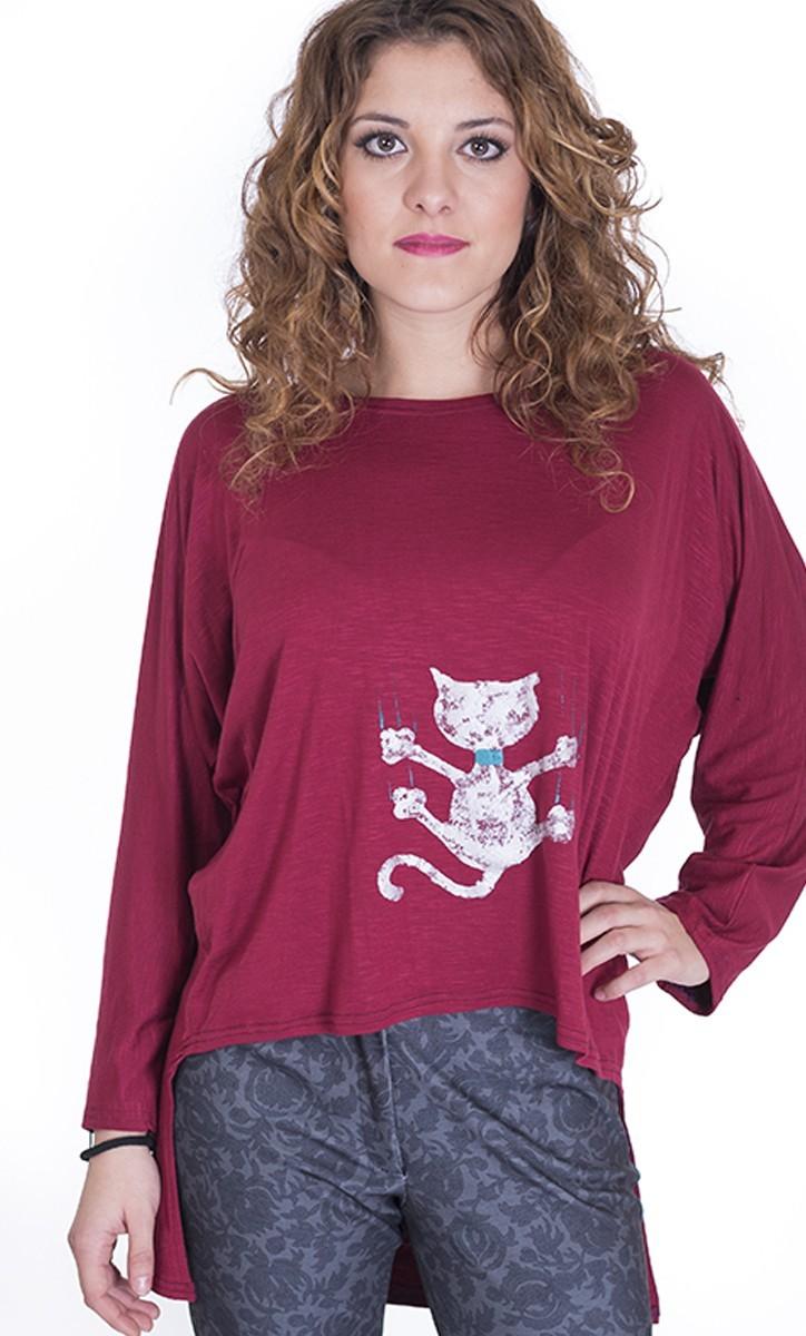 susana escribano Camisetas de mujer basica granate. Gato Liquidación