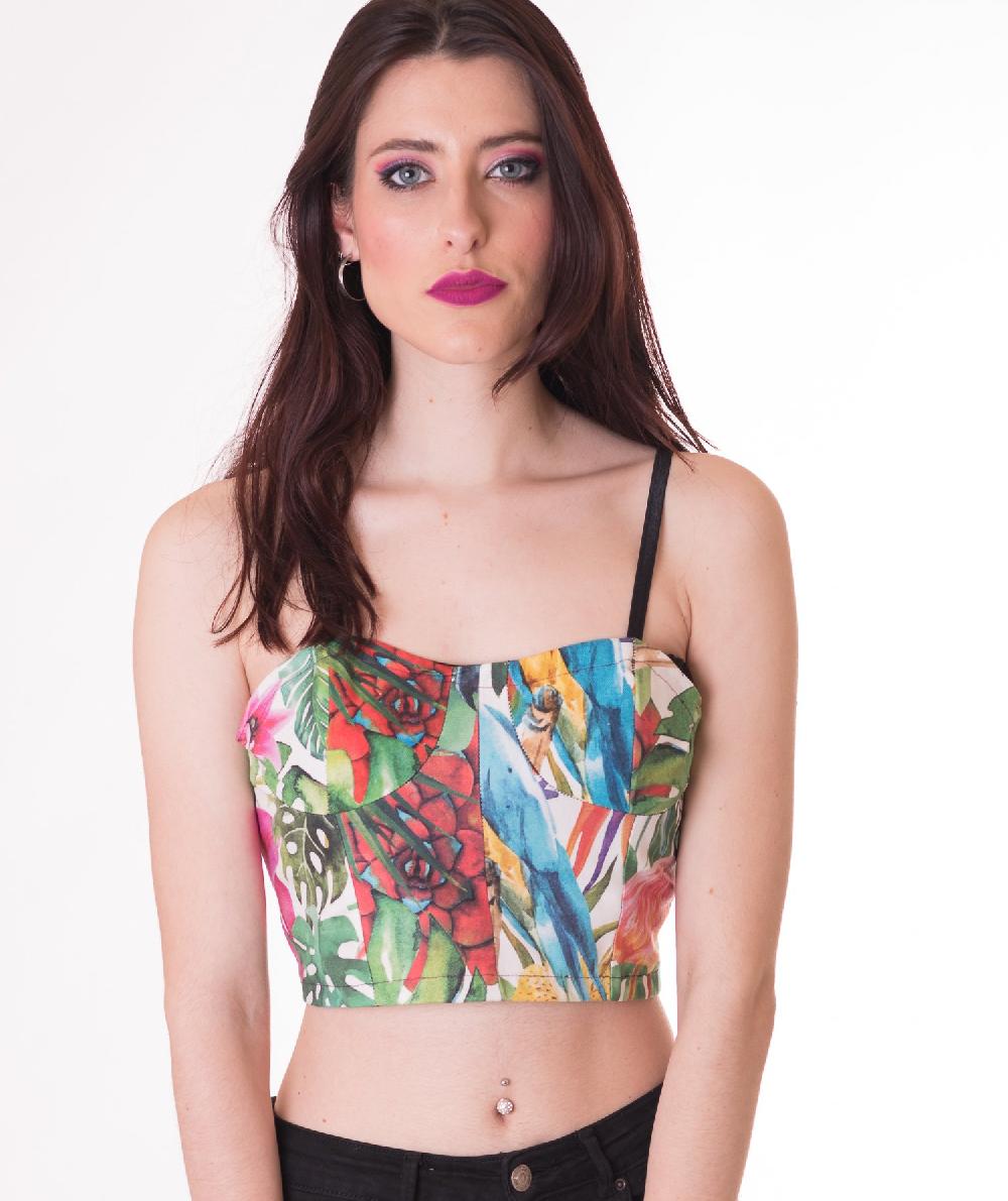 susana escribano Top crop. Top con estampado tropical Liquidación