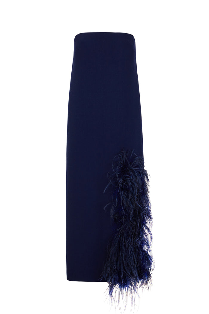 the 2nd skin co. Vestido midi strapless con abertura lateral y plumas Precio de fábrica