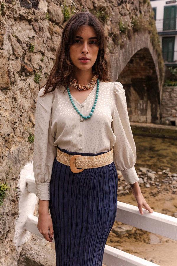 Triana By C Cinturón beige rafia hebilla madera Promoción por tiempo limitado