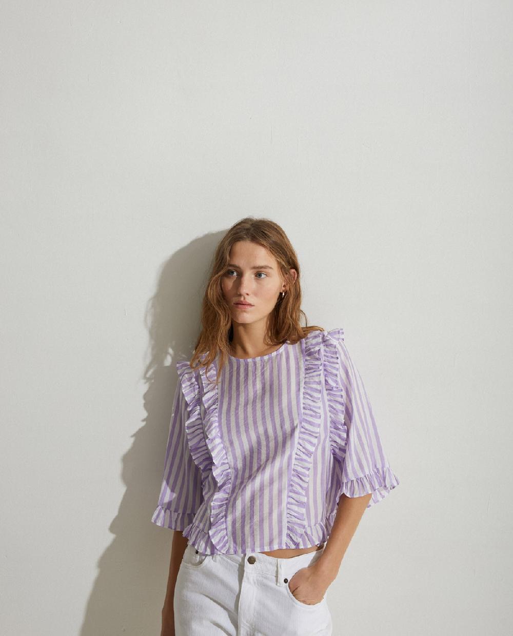 yerse Camisa volantes rayas lila Promoción por tiempo limitado