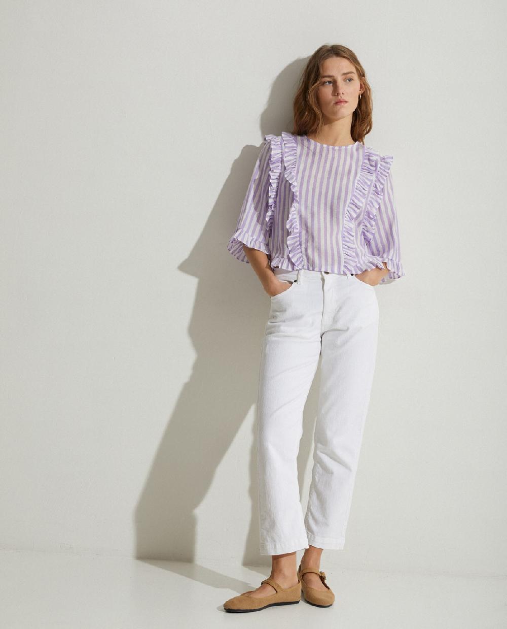 yerse Camisa volantes rayas lila Promoción por tiempo limitado