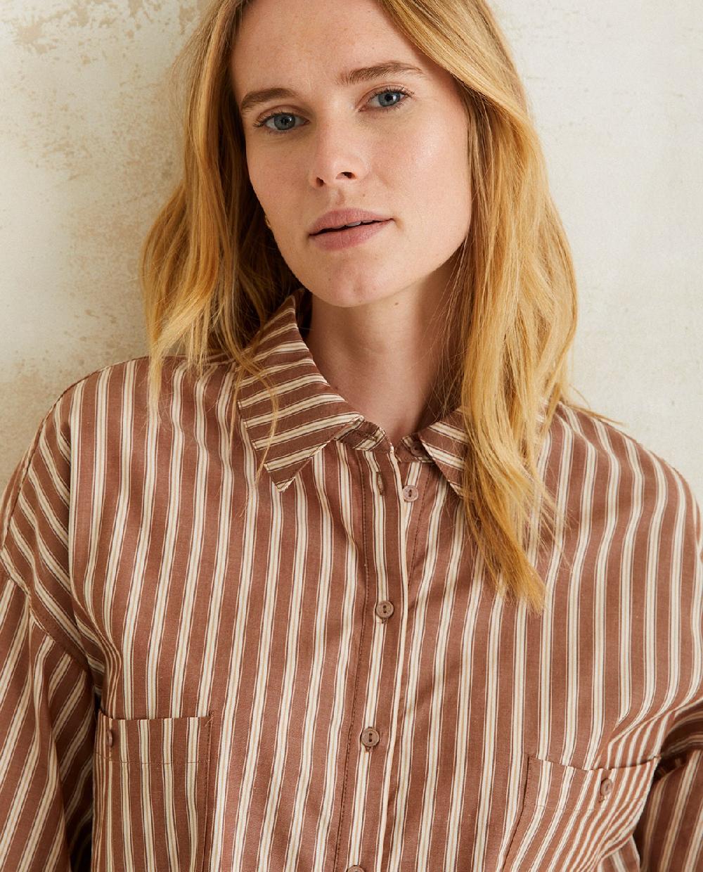 yerse Camisa algodón bolsillos rayas chocolate Ofertas de temporada