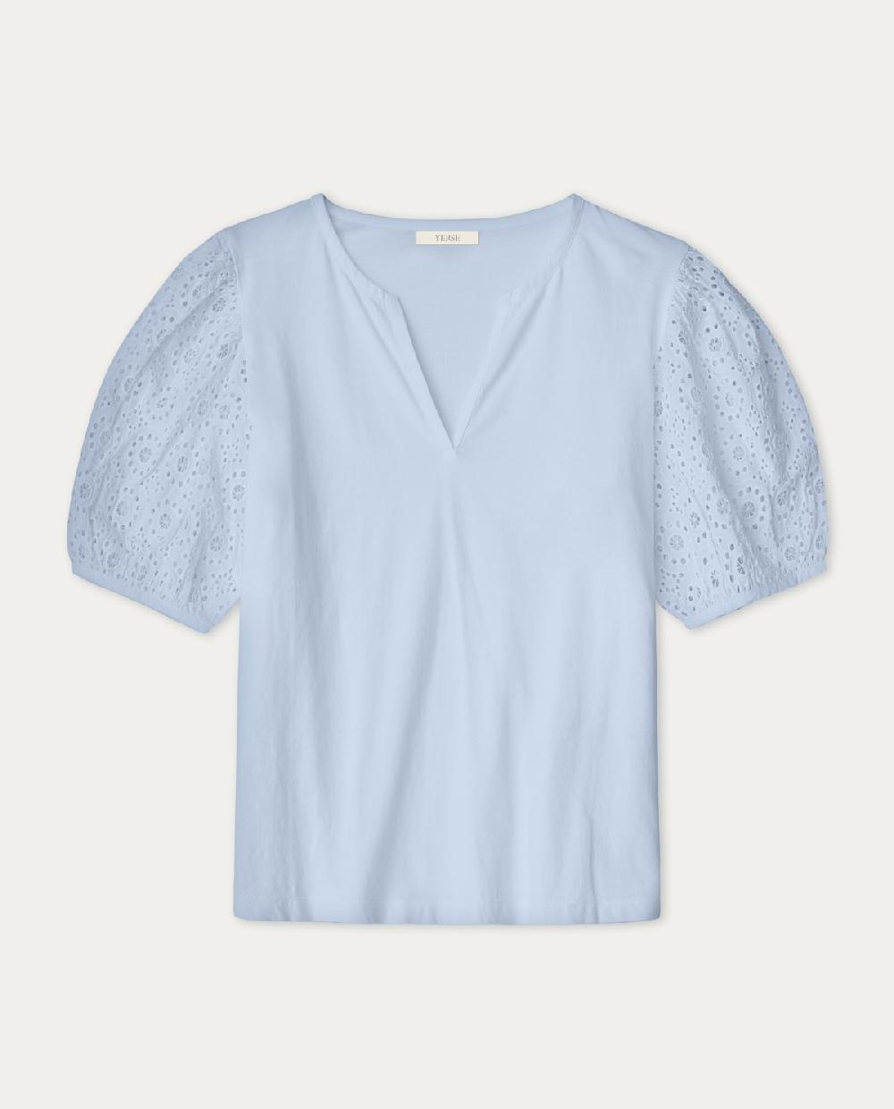 yerse Camiseta algodón mangas bordadas azul