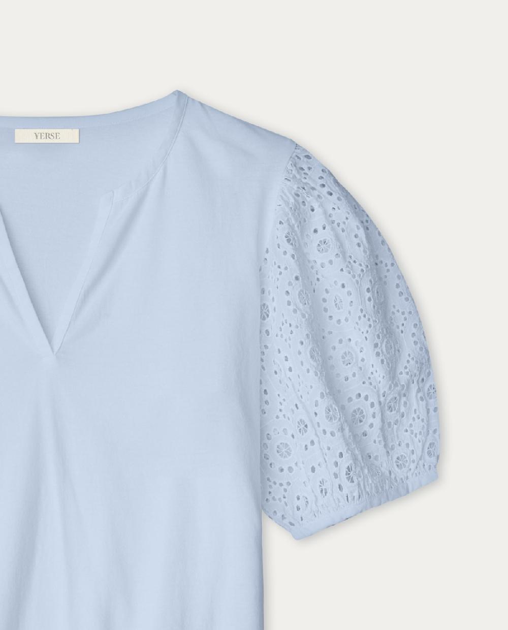 yerse Camiseta algodón mangas bordadas azul Rebajas baratas