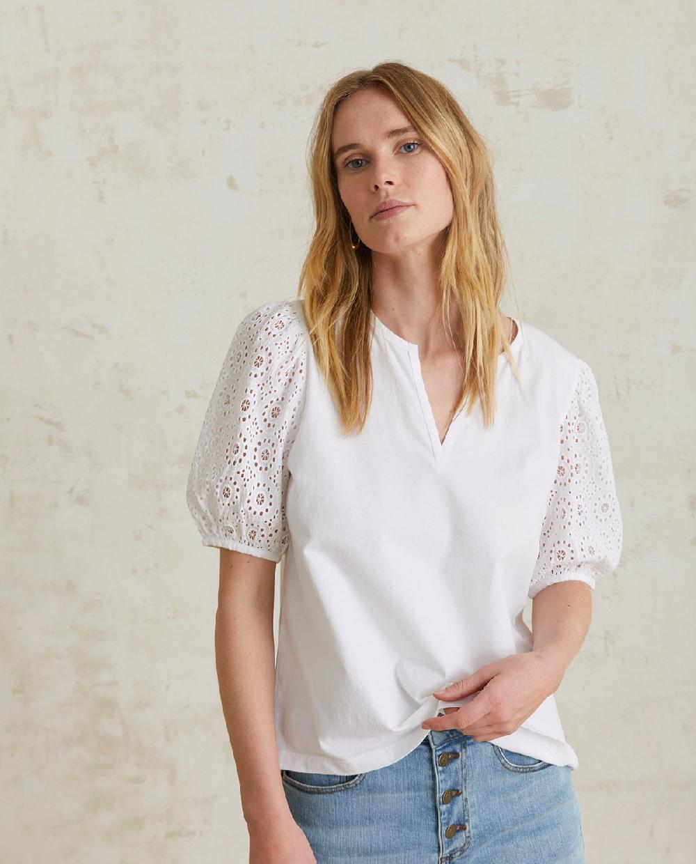 yerse Camiseta algodón mangas bordadas blanco Rebajas de fábrica
