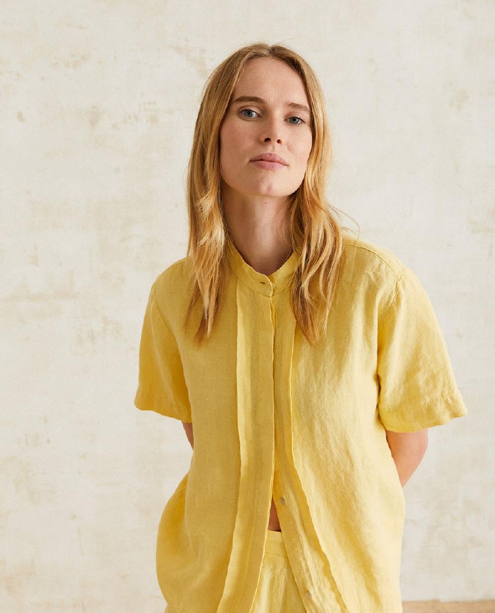 yerse Camisa lino cuello mao amarillo Mejor oferta