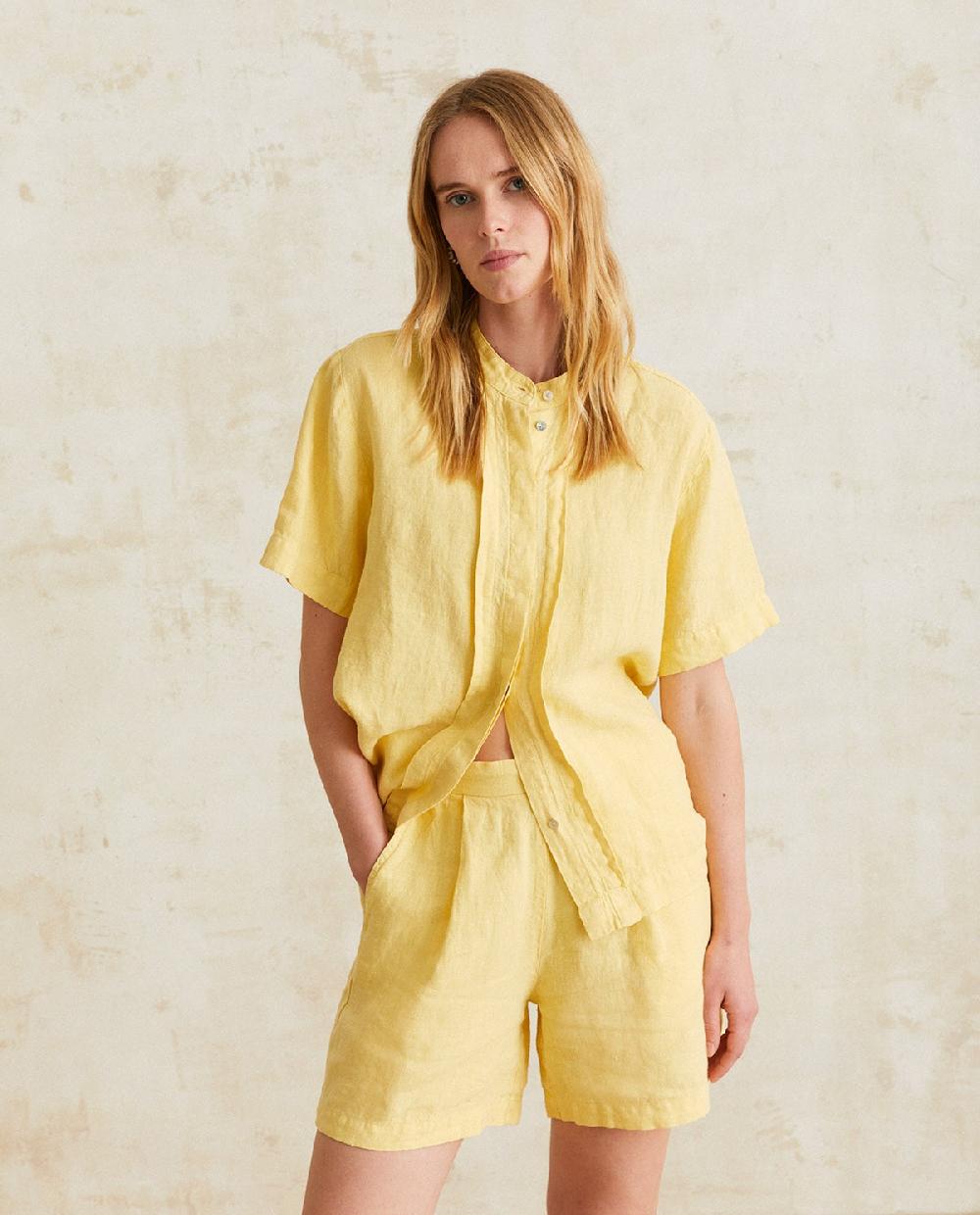 yerse Camisa lino cuello mao amarillo Mejor oferta