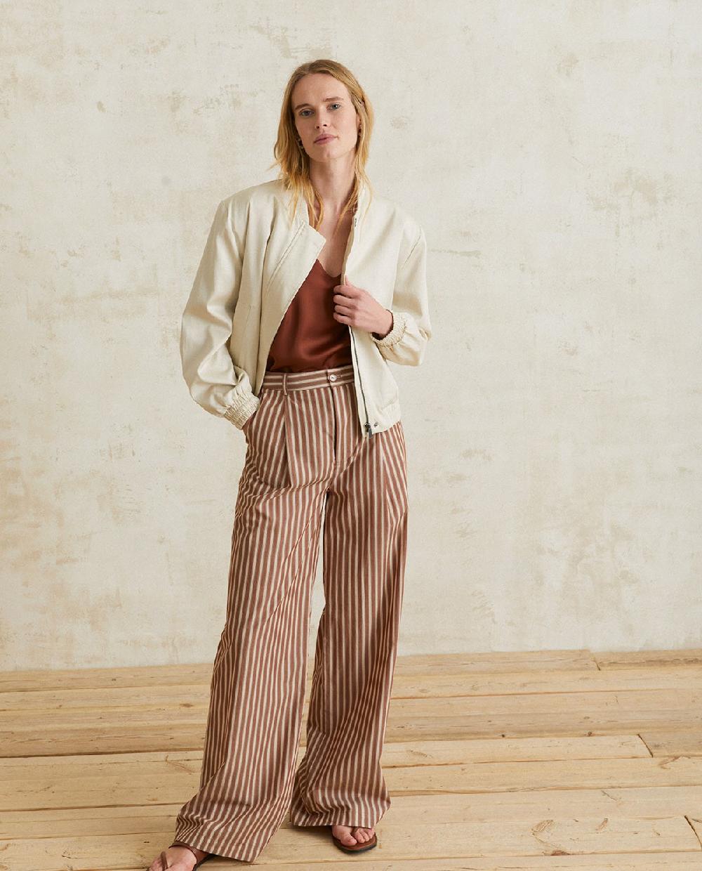 yerse Pantalones algodón wide leg rayas chocolate Descuento por venta flash