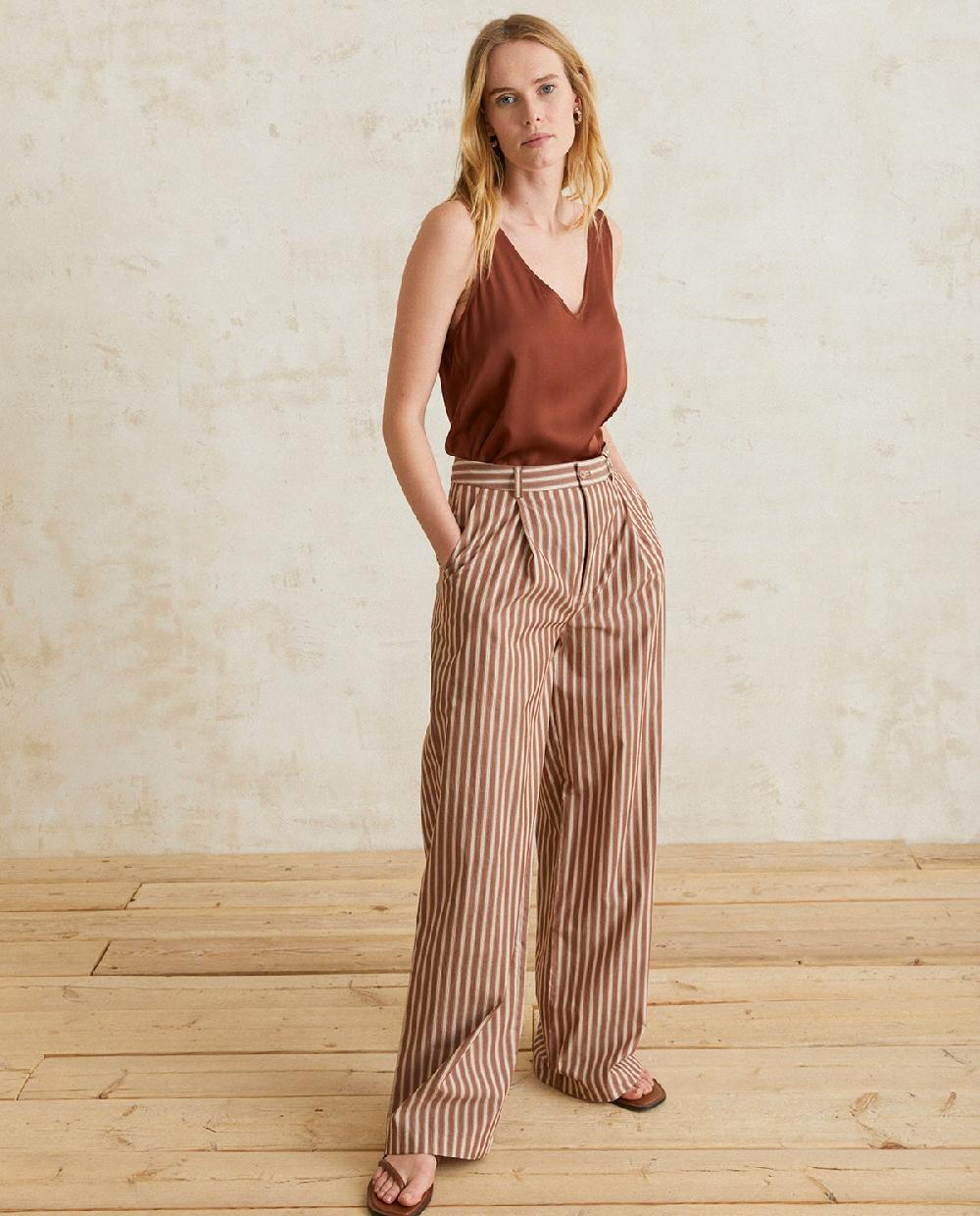 yerse Pantalones algodón wide leg rayas chocolate Descuento por venta flash