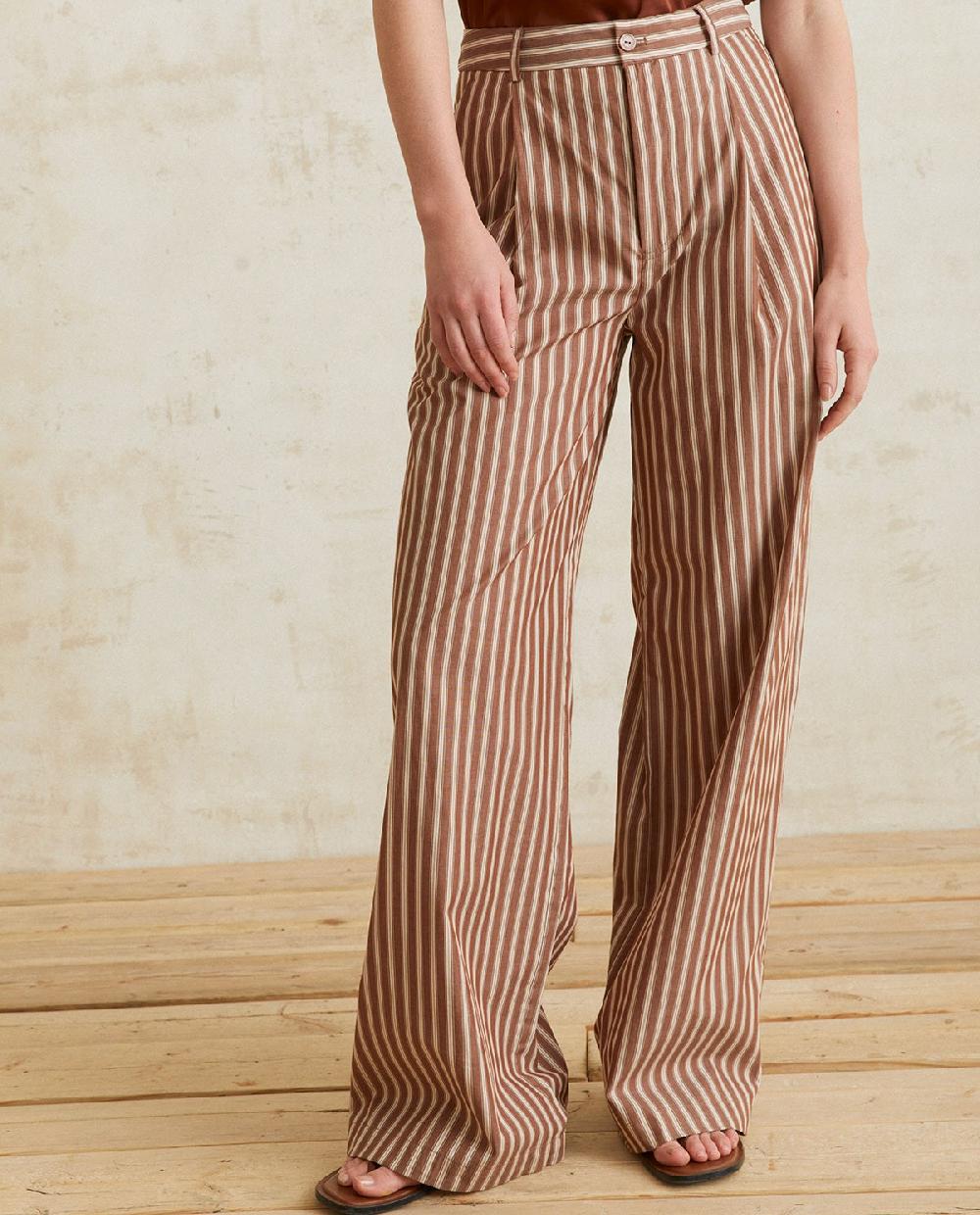 yerse Pantalones algodón wide leg rayas chocolate Descuento por venta flash