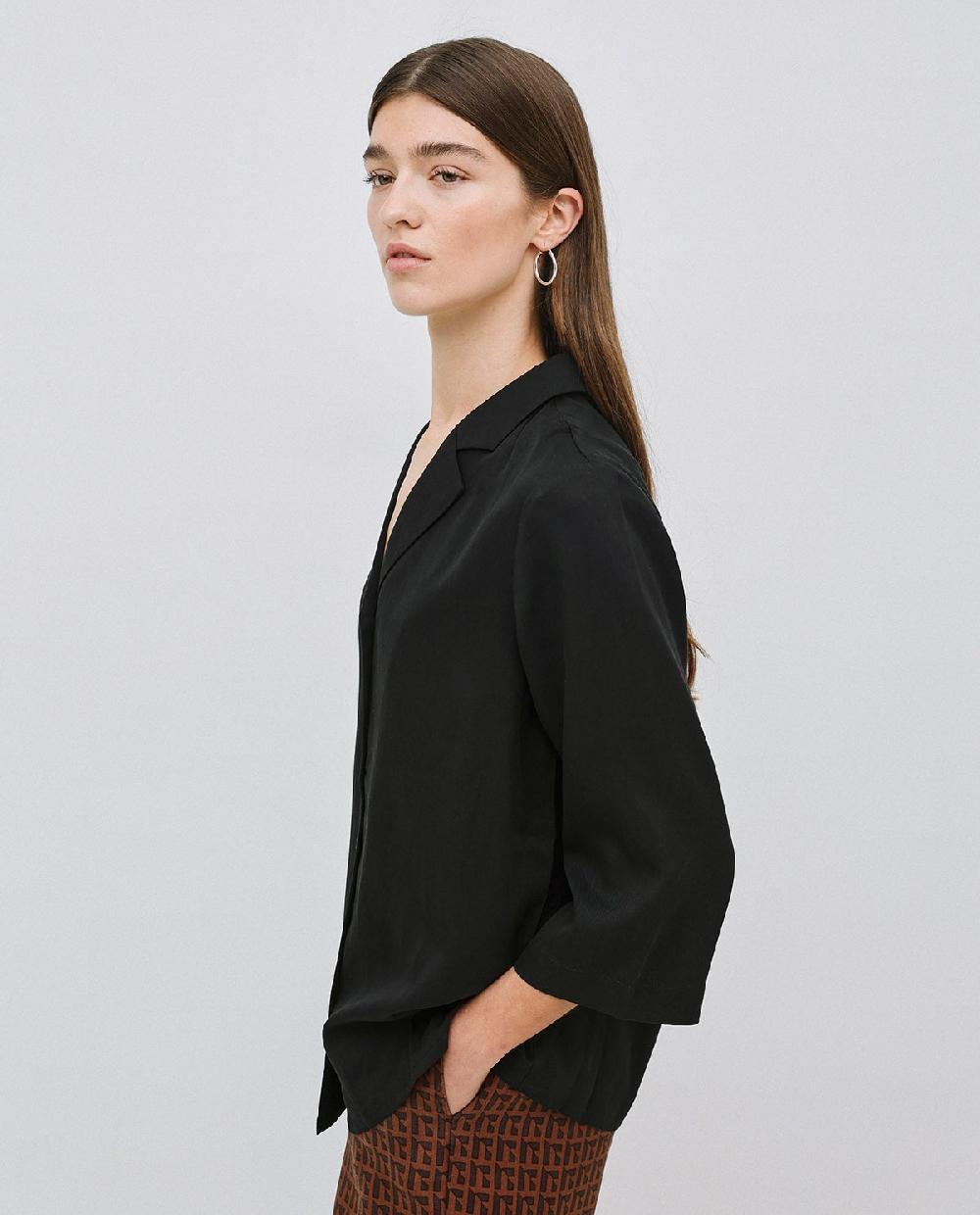 yerse Camisa tencel cuello solapa negro Oferta especial
