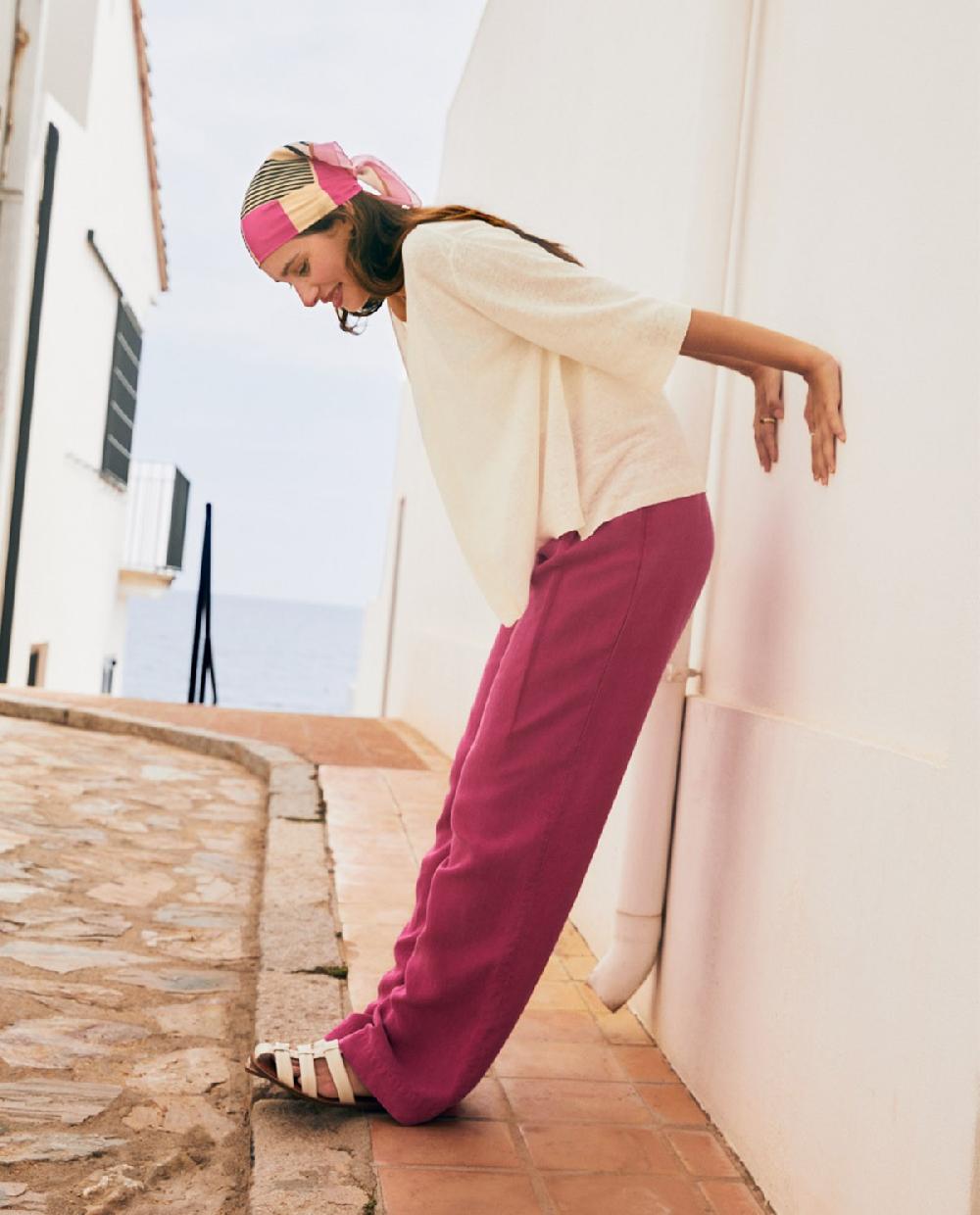 yerse Pantalón lino lazo fuchsia Liquidación