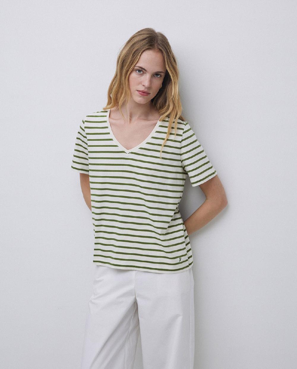yerse Camiseta rayas cuello pico verde Envío gratis
