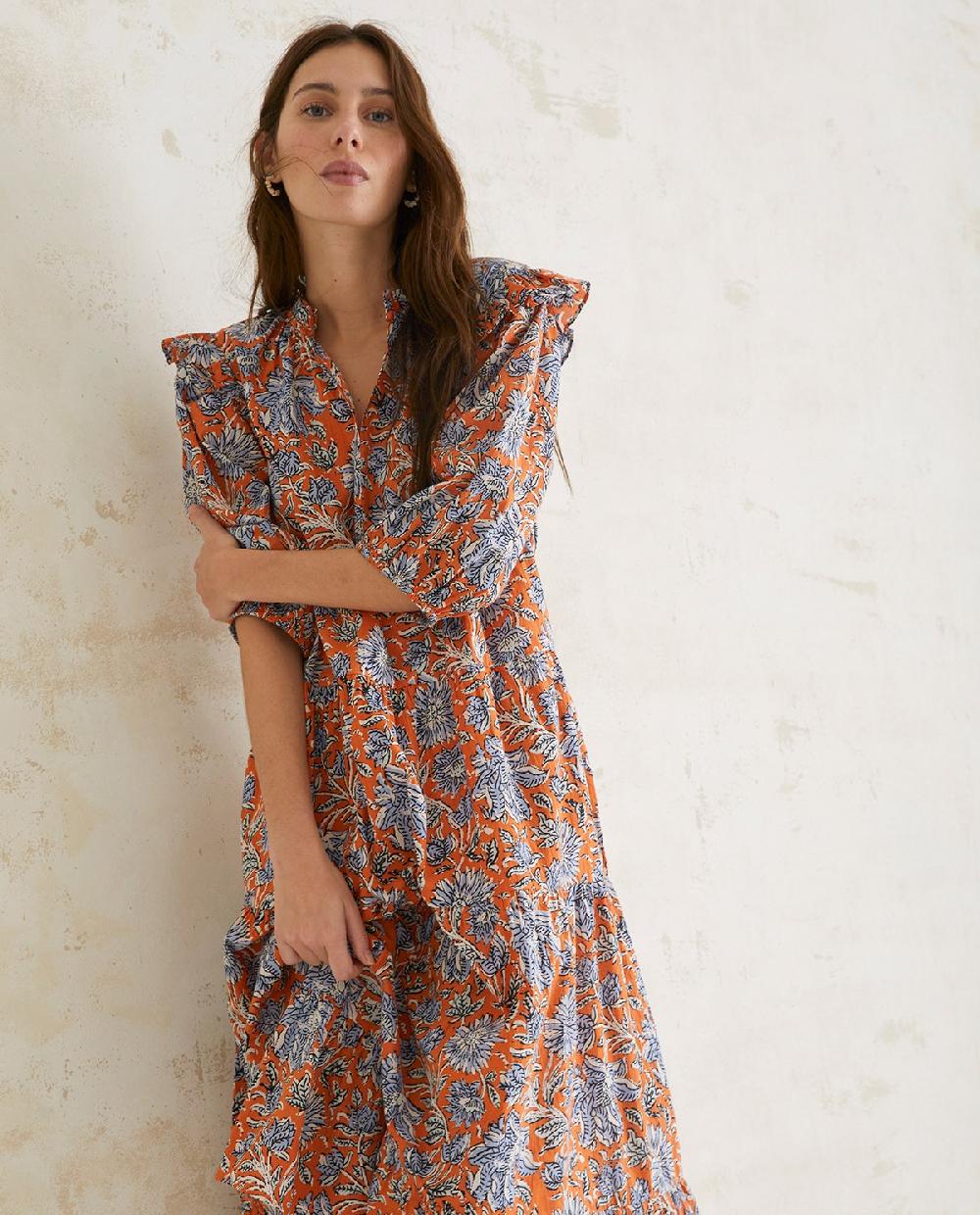 yerse Vestido algodón estampado naranja