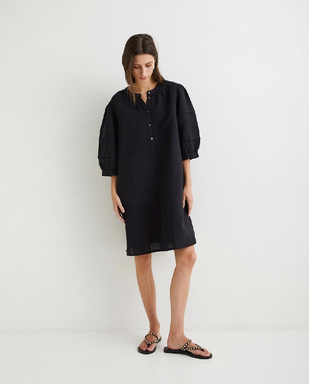 yerse Vestido lino y algodón negro Promoción por tiempo limitado