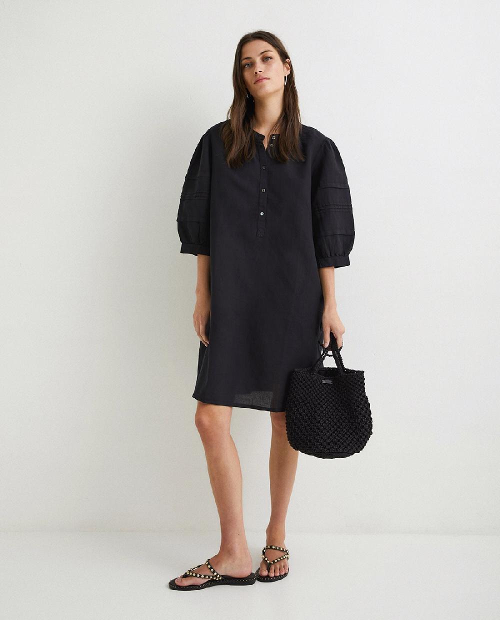 yerse Vestido lino y algodón negro Promoción por tiempo limitado