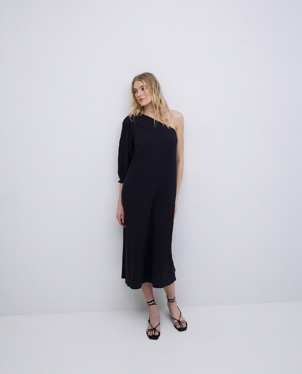 yerse Vestido asimétrico doble gasa negro Rebajas de fin de temporada