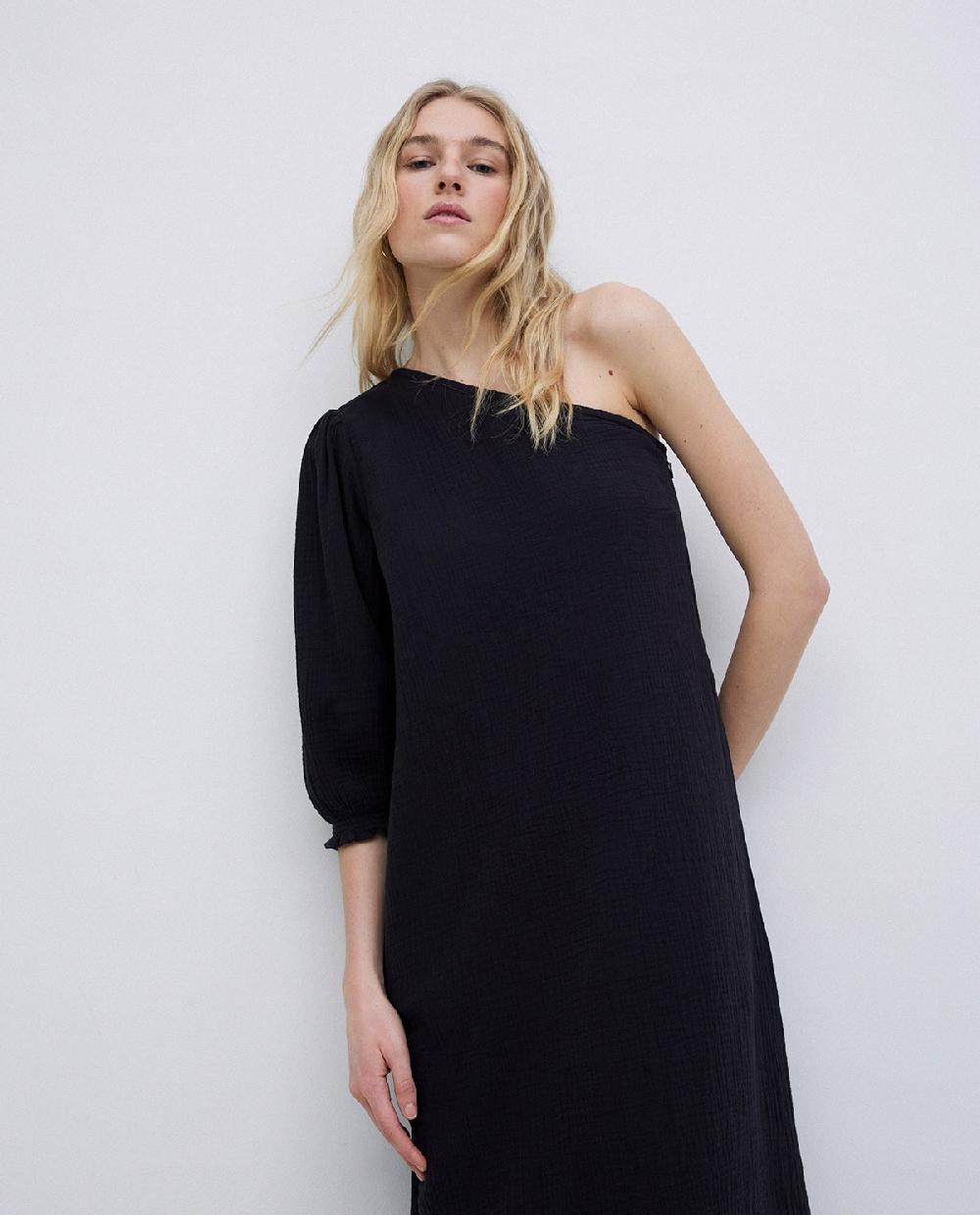 yerse Vestido asimétrico doble gasa negro Rebajas de fin de temporada