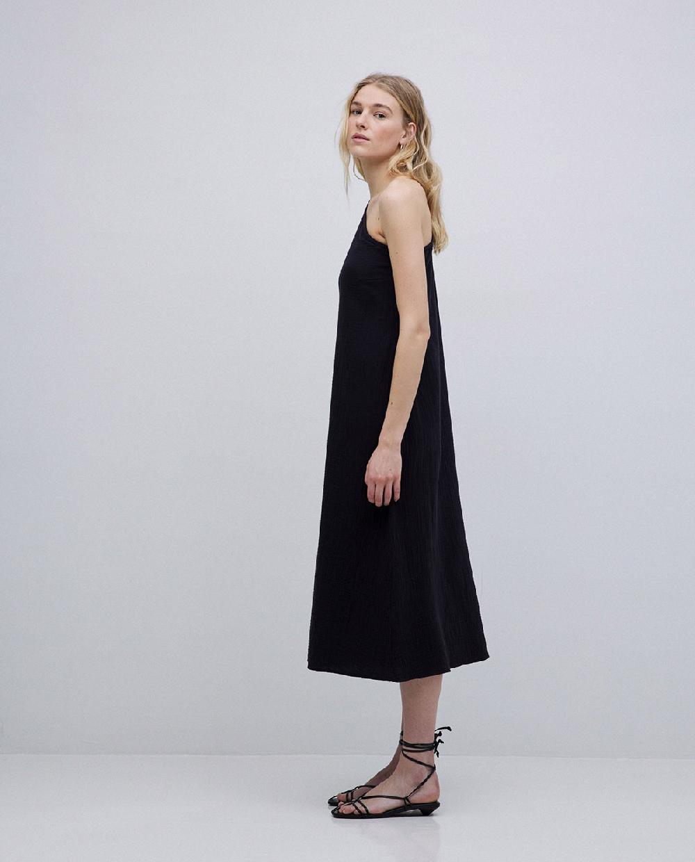 yerse Vestido asimétrico doble gasa negro Rebajas de fin de temporada