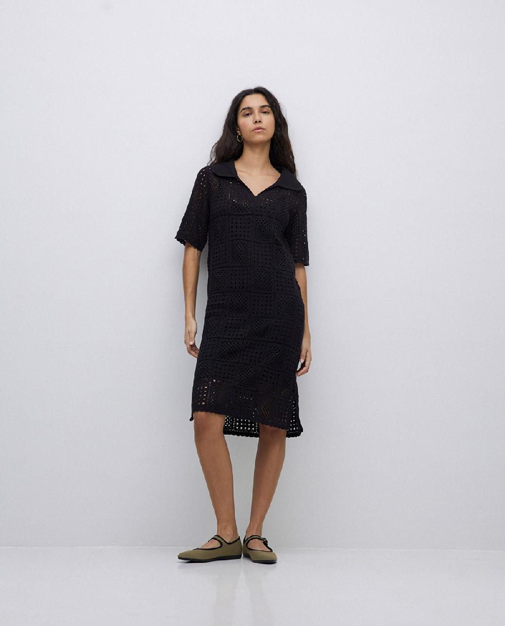 yerse Vestido crochet cuello polo negro Outlet
