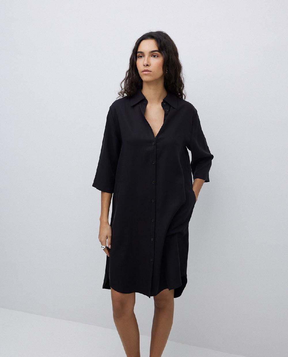 yerse Vestido tencel cuello camisero negro Liquidación