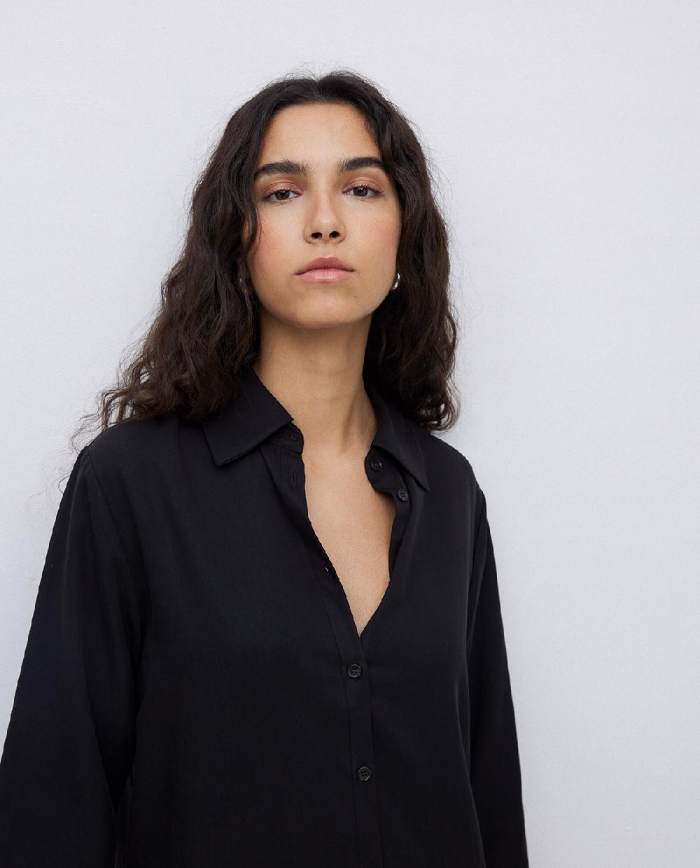 yerse Vestido tencel cuello camisero negro Liquidación