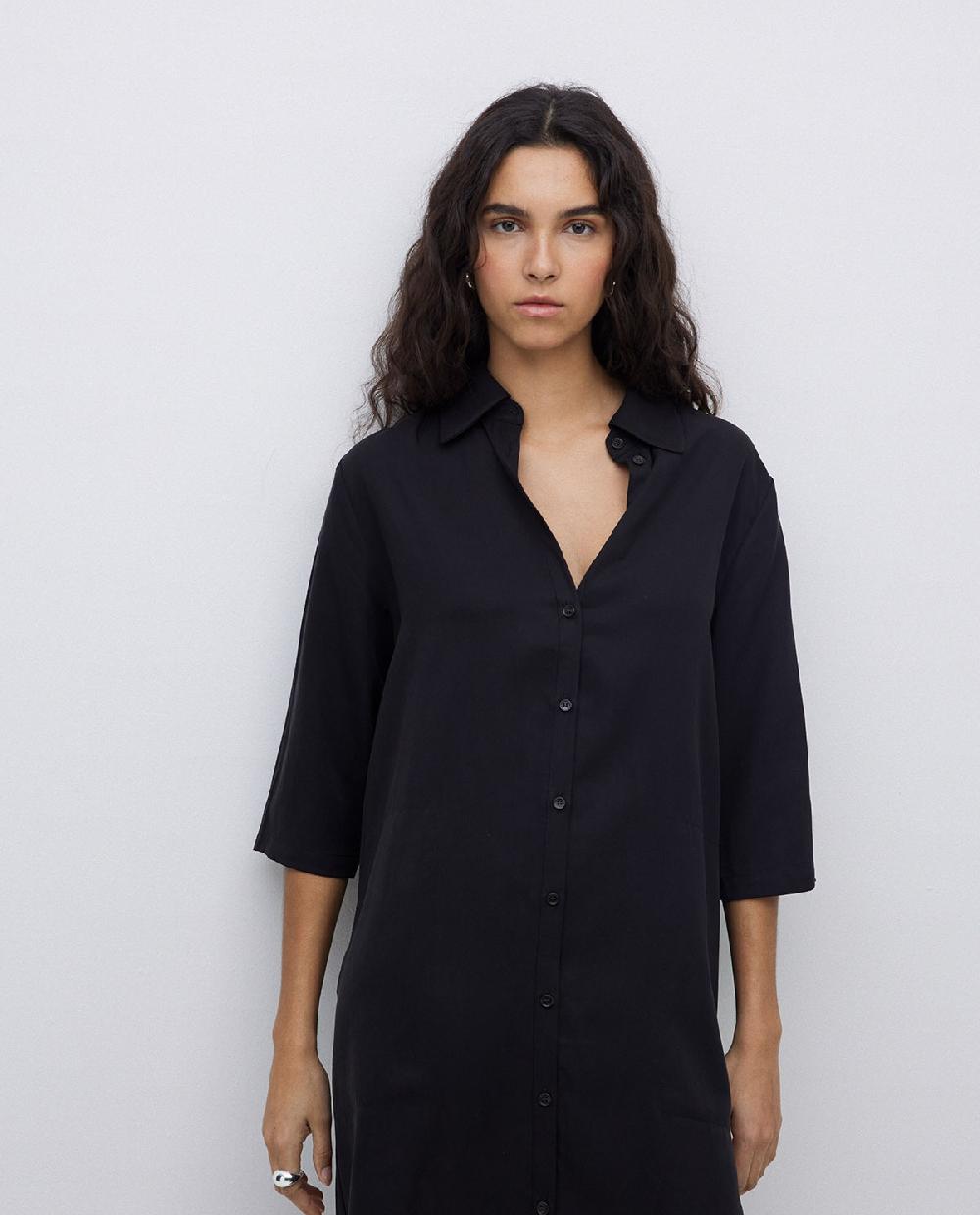 yerse Vestido tencel cuello camisero negro Liquidación