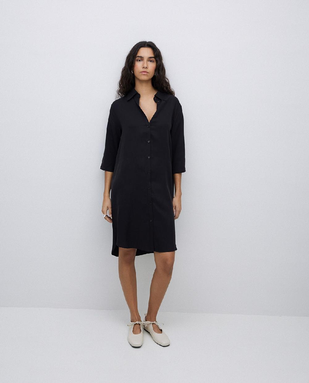 yerse Vestido tencel cuello camisero negro Liquidación