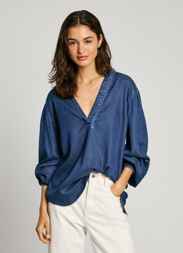 Pepe Jeans blusa denim cuello pico Rebajas baratas